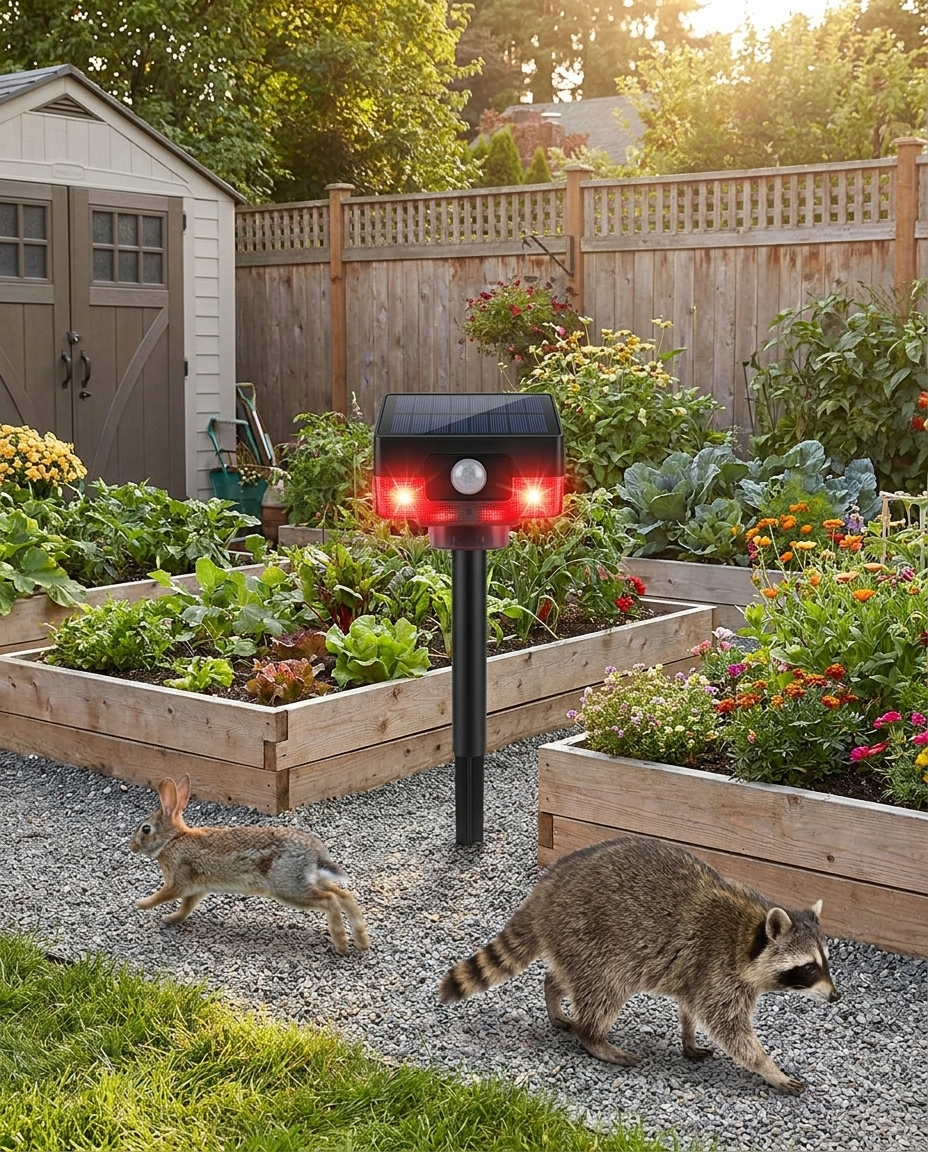 Solar Bird Repeller with Motion-Activated Flashing Light in use, lifestyle background