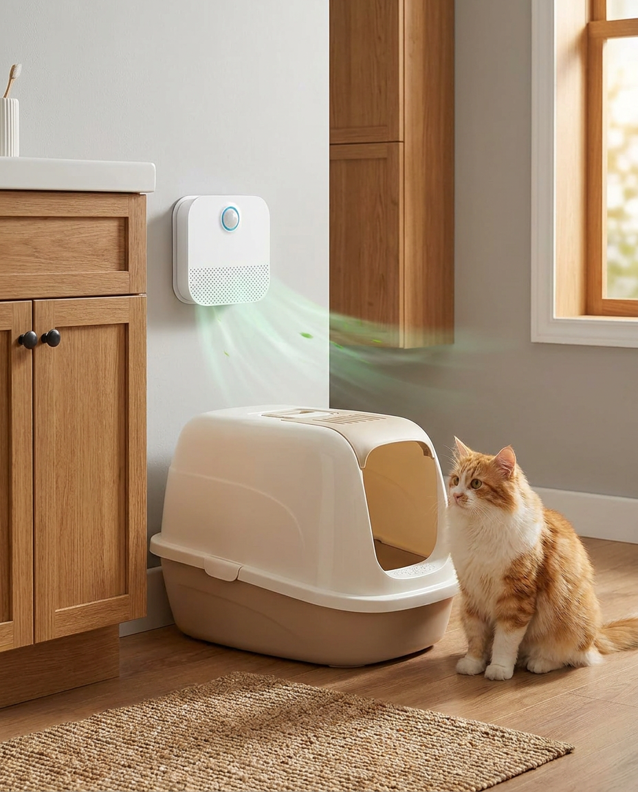 Smart Automatic Odor Purifier for Cat Litter Box in use, lifestyle background