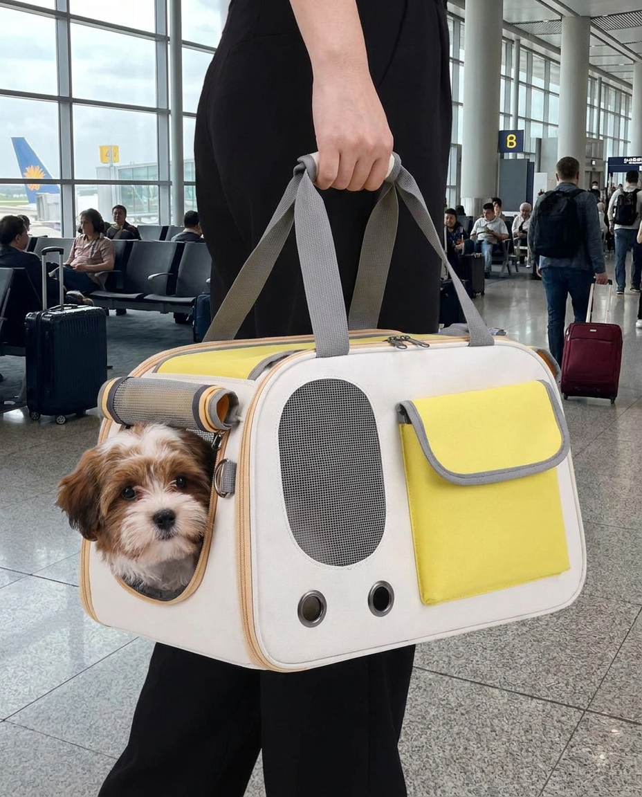 Travel Pet Carrier for Cats and Small Dogs in use, lifestyle background