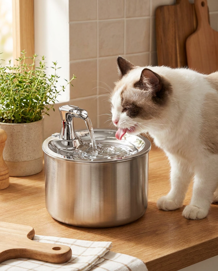 Stainless Steel Cat Water Fountain with Filter and Motion Sensor in use, lifestyle background