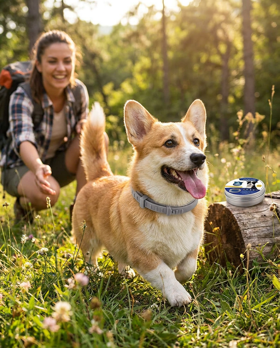 Adjustable Tick and Flea Protection Collar for Dogs and Cats in use, lifestyle background