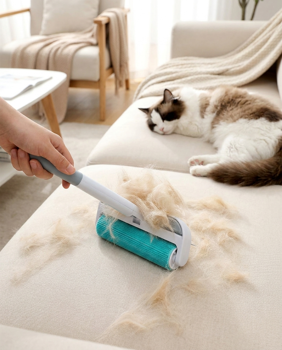 Reusable Ultra Pet Hair Remover Tool in use, lifestyle background