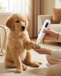 Ultra-Quiet Rechargeable Pet Trimmer for Sensitive Grooming in use, lifestyle background