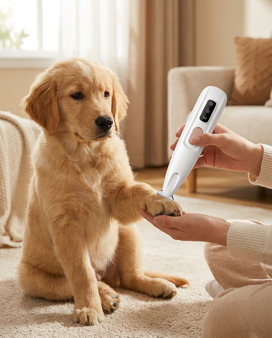 Ultra-Quiet Rechargeable Pet Trimmer for Sensitive Grooming in use, lifestyle background