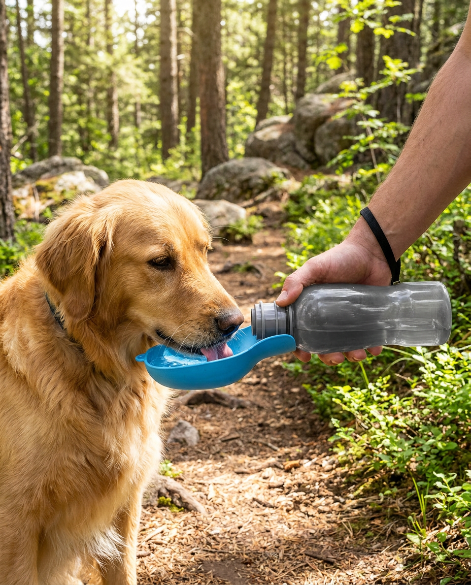 Foldable Leak-Proof Travel Water Bottle for Dogs in use, lifestyle background