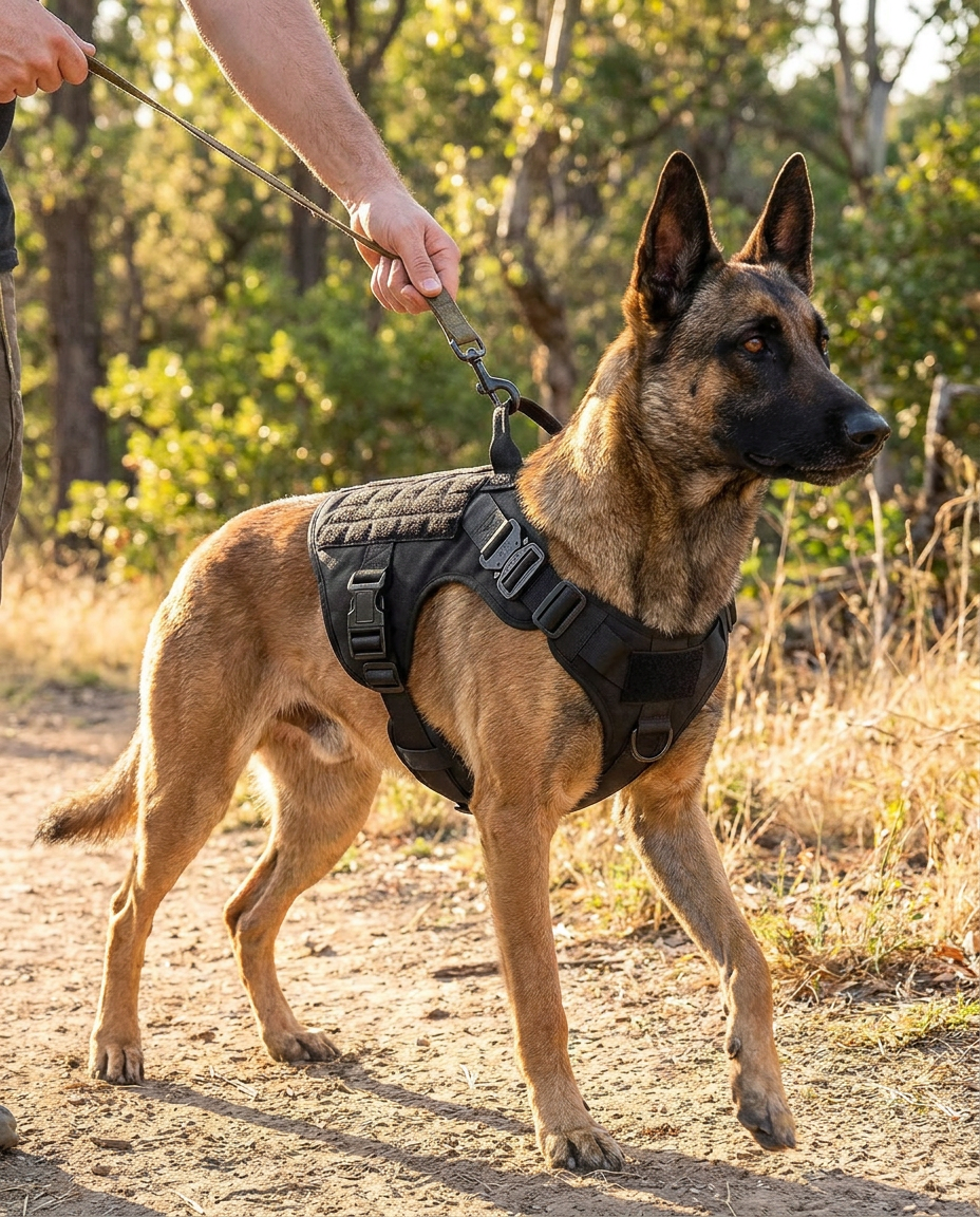 Tactical No-Pull Dog Harness with Handle and Molle Panels in use, lifestyle background