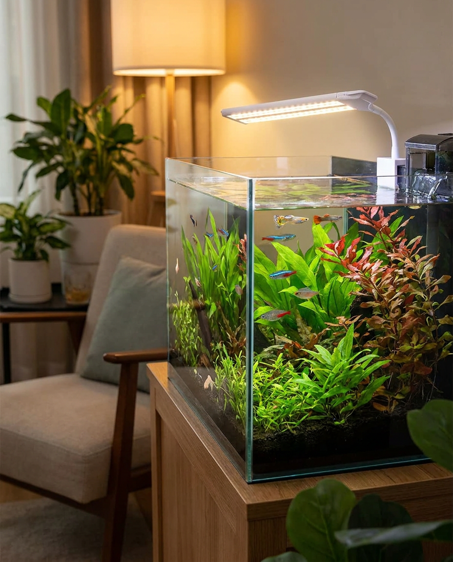 Clip-On Full Spectrum LED Aquarium Light for Fish Tanks and Aquatic Plants in use, lifestyle background