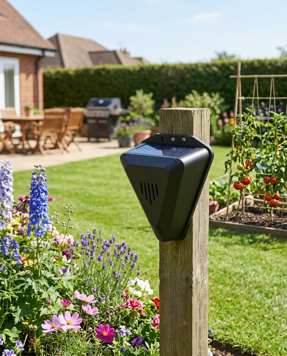 Solar Powered Outdoor Bird Repeller in use, lifestyle background