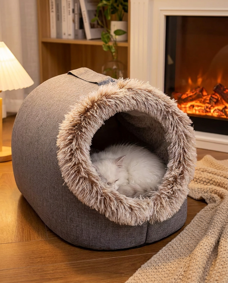 Insulated Cave-Style Winter Bed for Cats in use, lifestyle background
