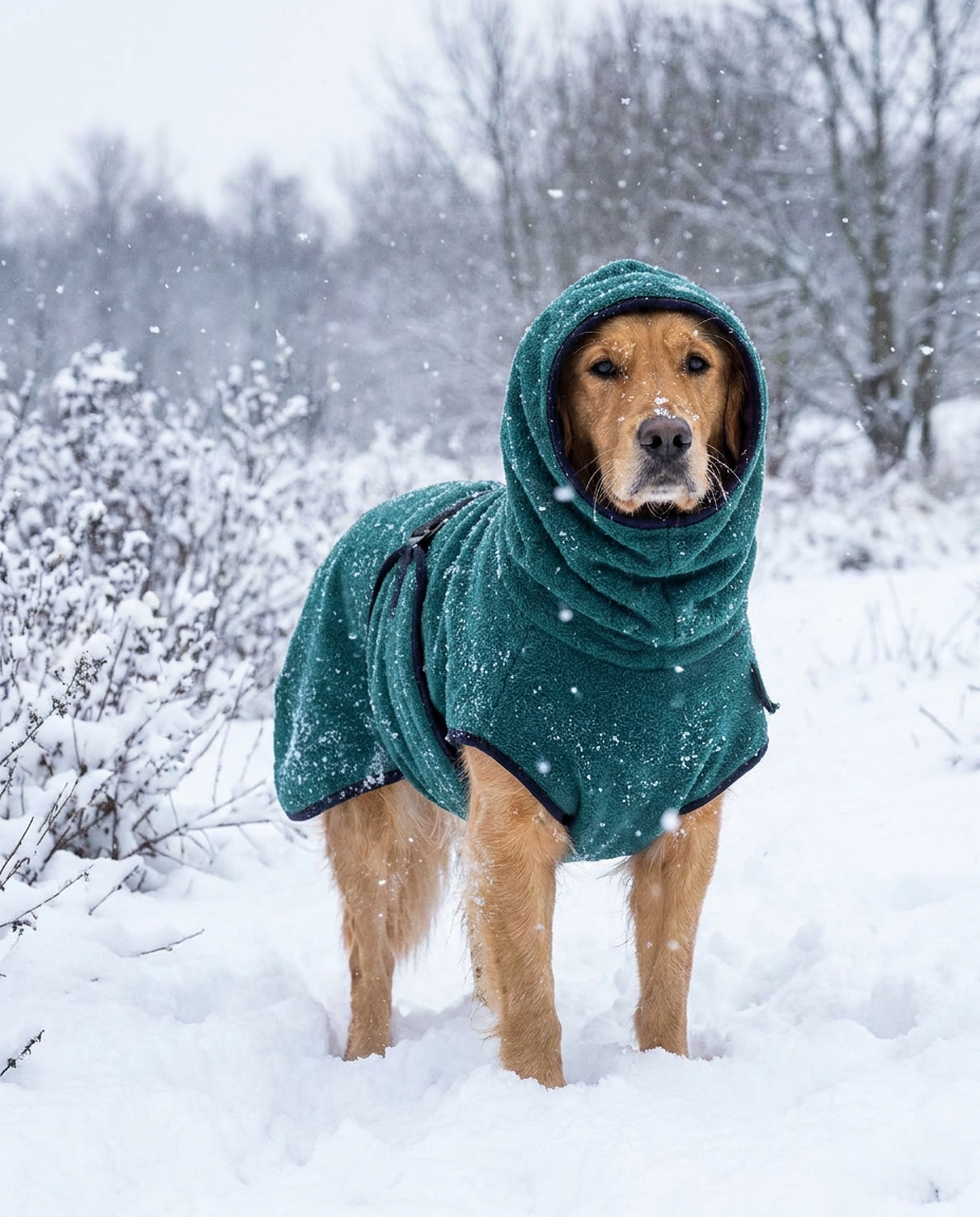 Waterproof Windproof Winter Coat for Dogs with Reflective Strips in use, lifestyle background