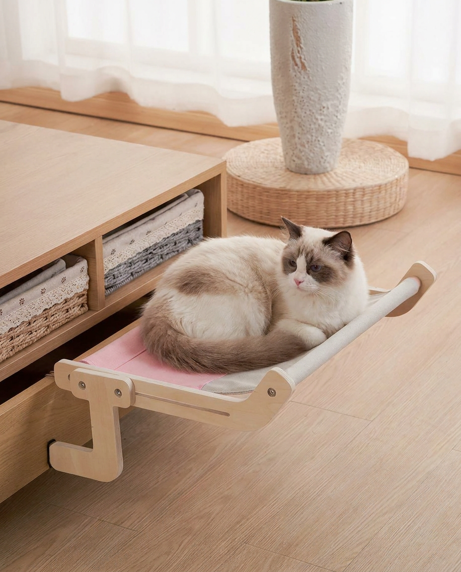 Elevated Wooden Cat Hammock Bed in use, lifestyle background