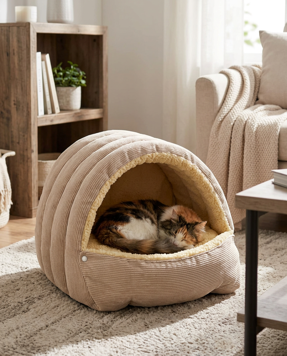 Warm Arctic Fleece Enclosed Cave Bed for Cats and Small Dogs in use, lifestyle background