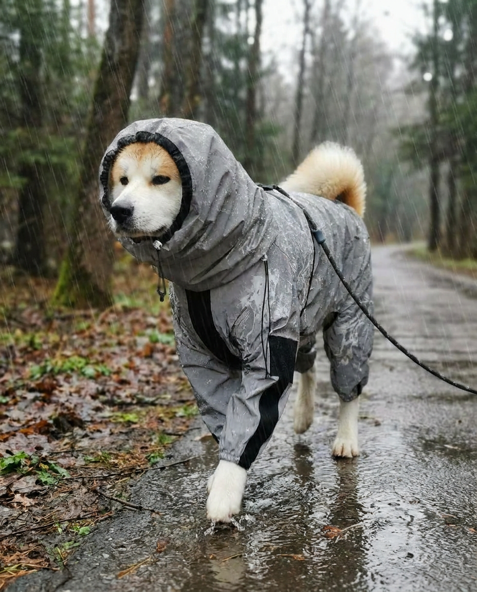 Waterproof Dog Raincoat with Hood and Reflective Strips in use, lifestyle background