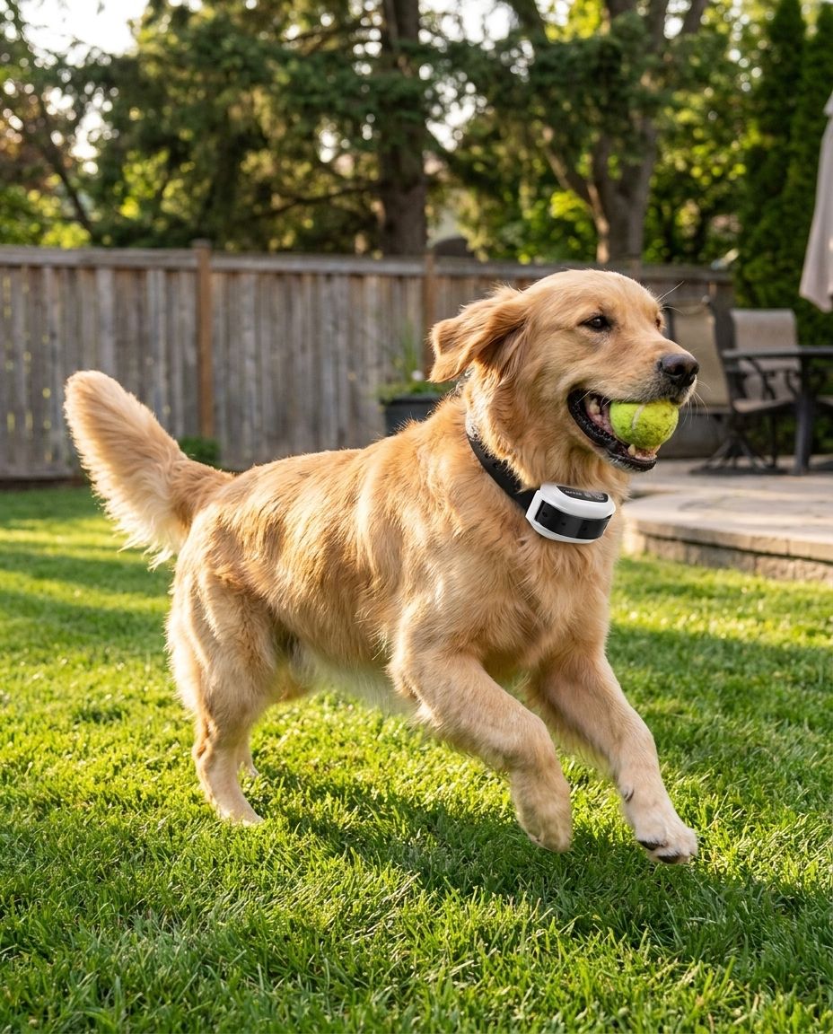 Wireless Dog Fence System with Training Collar in use, lifestyle background