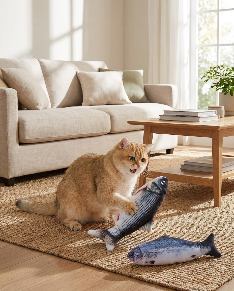 USB Rechargeable Interactive Fish Toy for Cats in use, lifestyle background