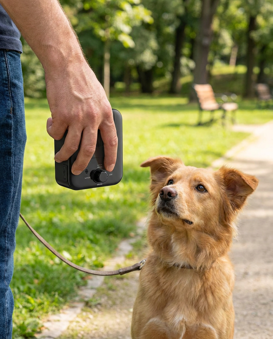 Ultrasonic Anti-Bark Device with Auto Detection in use, lifestyle background