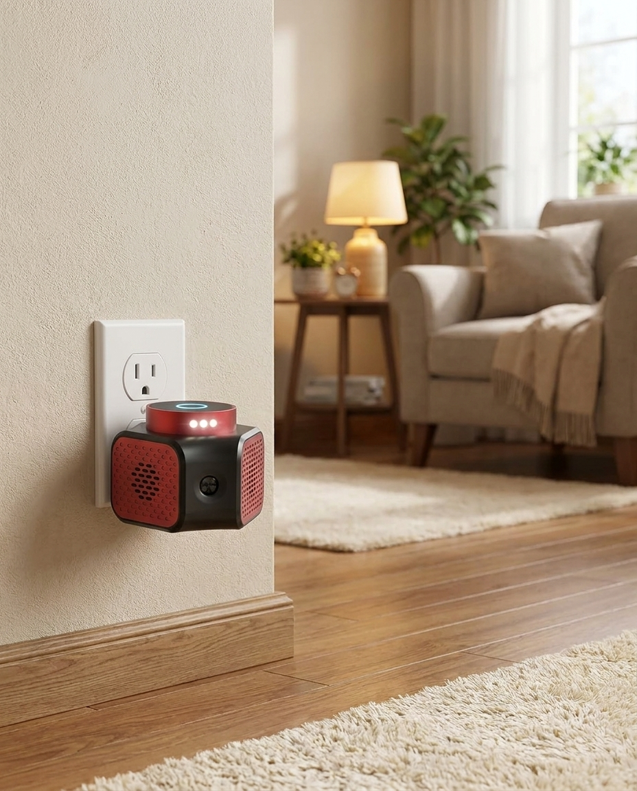Ultrasonic Indoor Rodent Repellent with 4-in-1 Deterrent Modes in use, lifestyle background