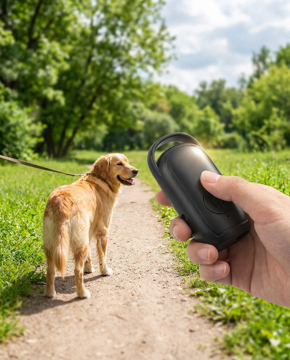 Portable Ultrasonic Dog Repeller with Rechargeable Battery in use, lifestyle background