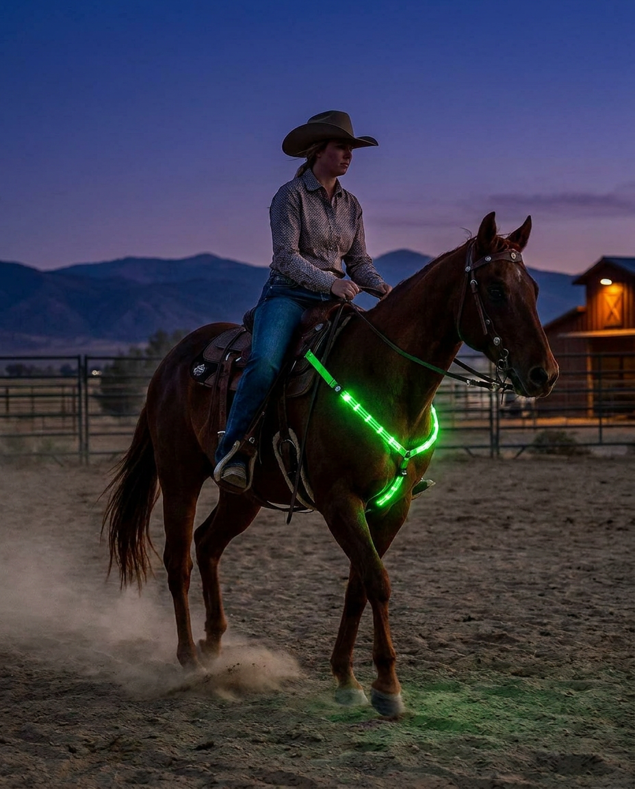 Rechargeable LED Horse Breast Collar for Night Visibility in use, lifestyle background