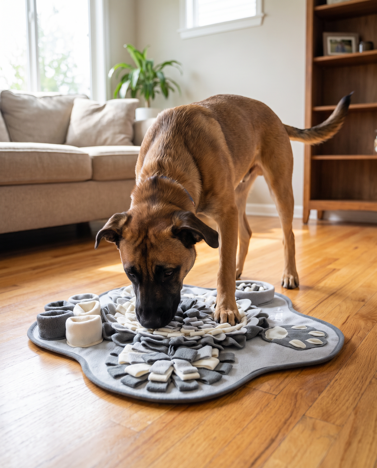 Interactive Snuffle Mat in use, lifestyle photo with dog
