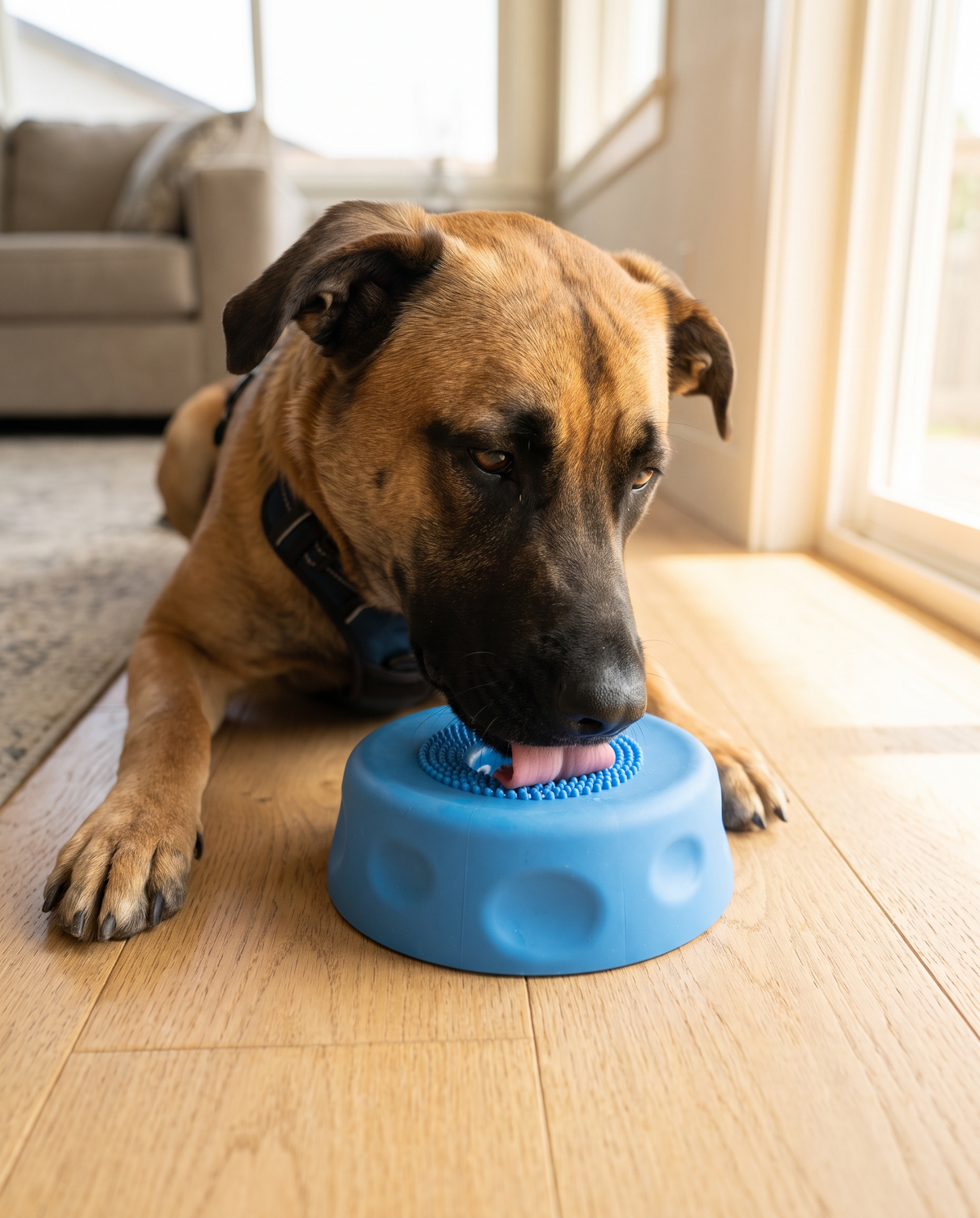 Dog Enrichment Lick Bowl in use, lifestyle photo with dog
