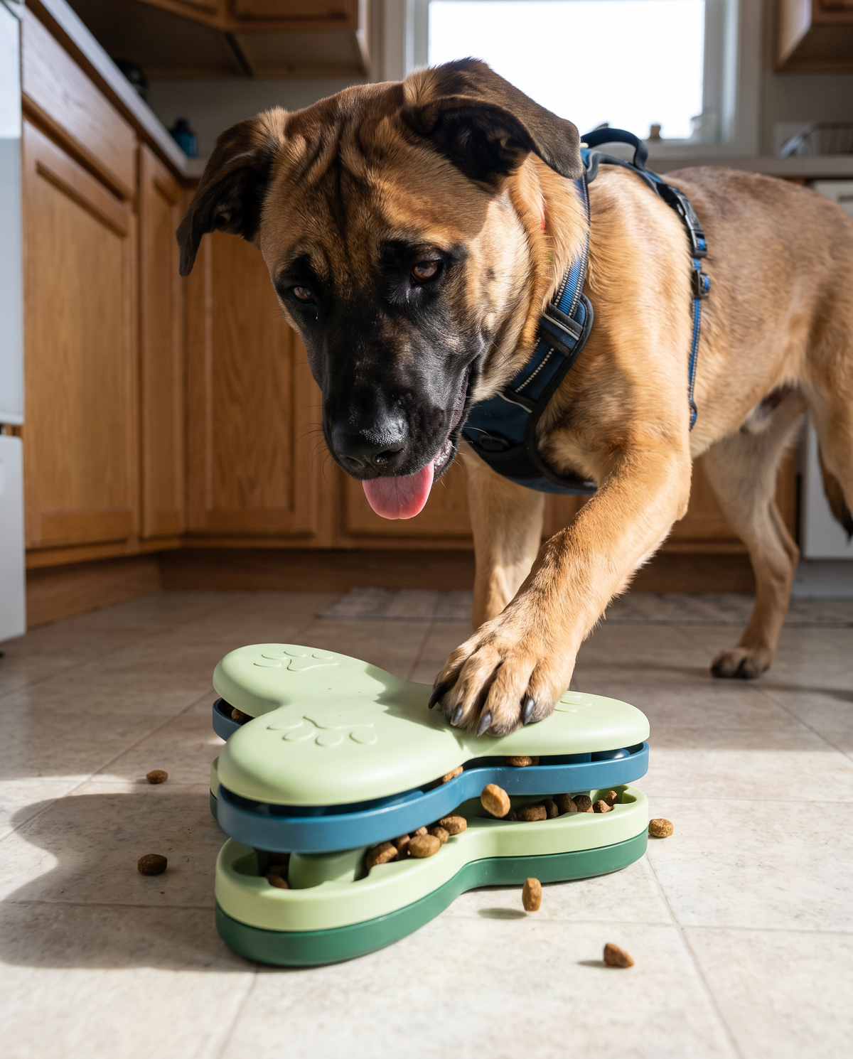Interactive Spinning Slow Feeder in use, lifestyle photo with dog