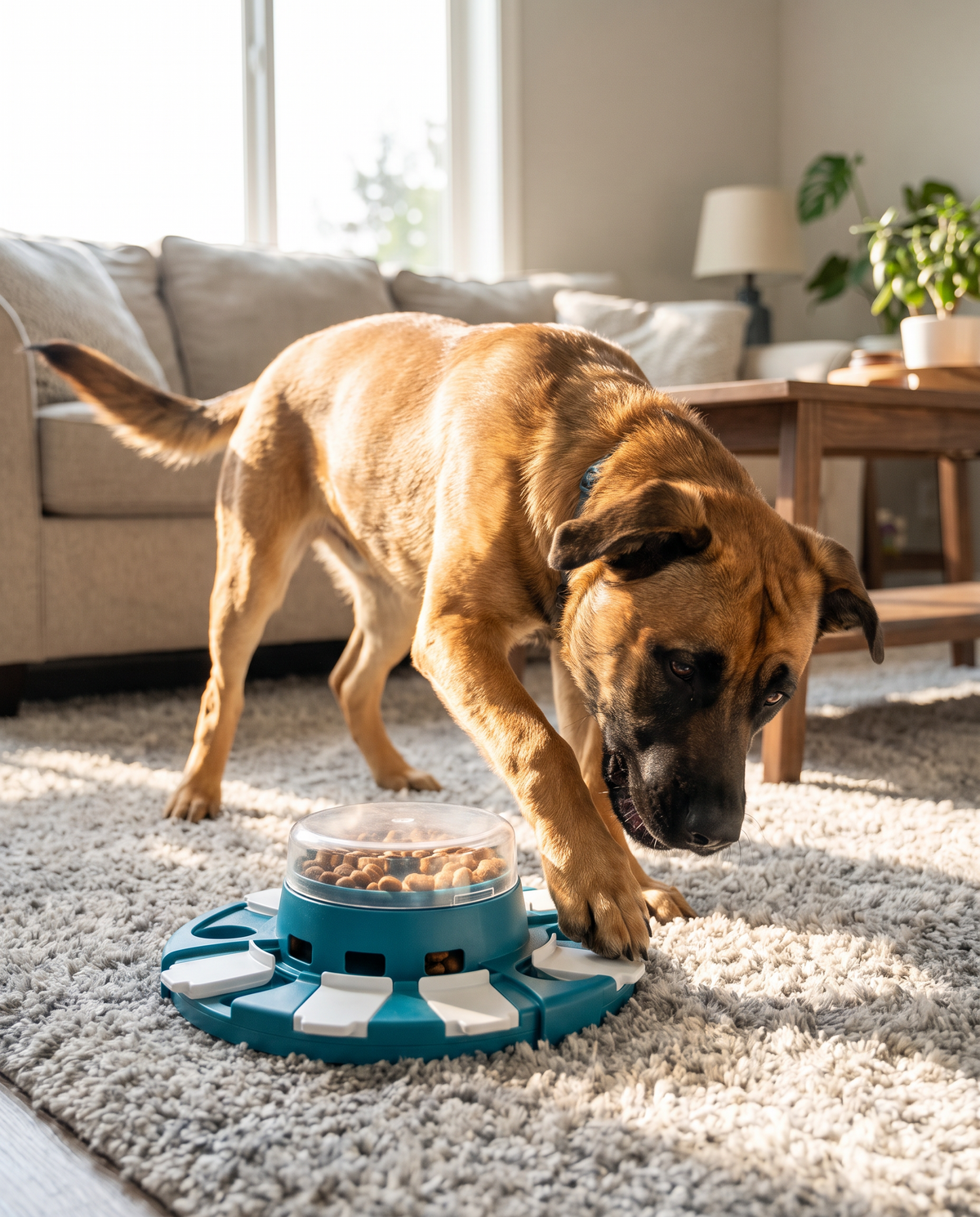 Interactive Brain Game Feeder in use, lifestyle photo with dog
