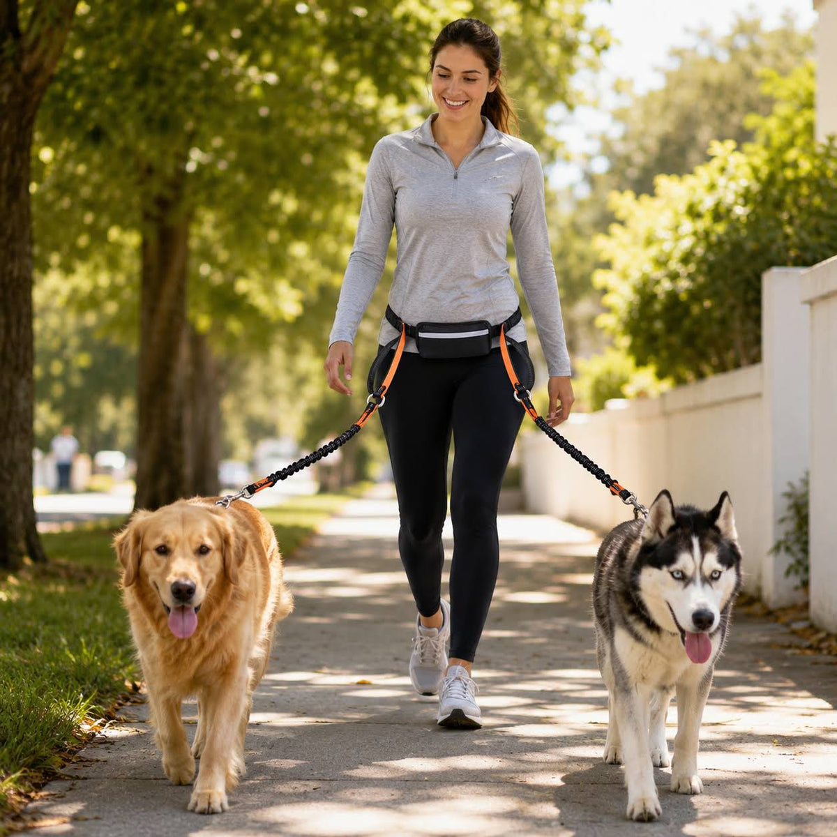 Hands-Free Double-Handle Bungee Dog Leash with Reflective Stitching