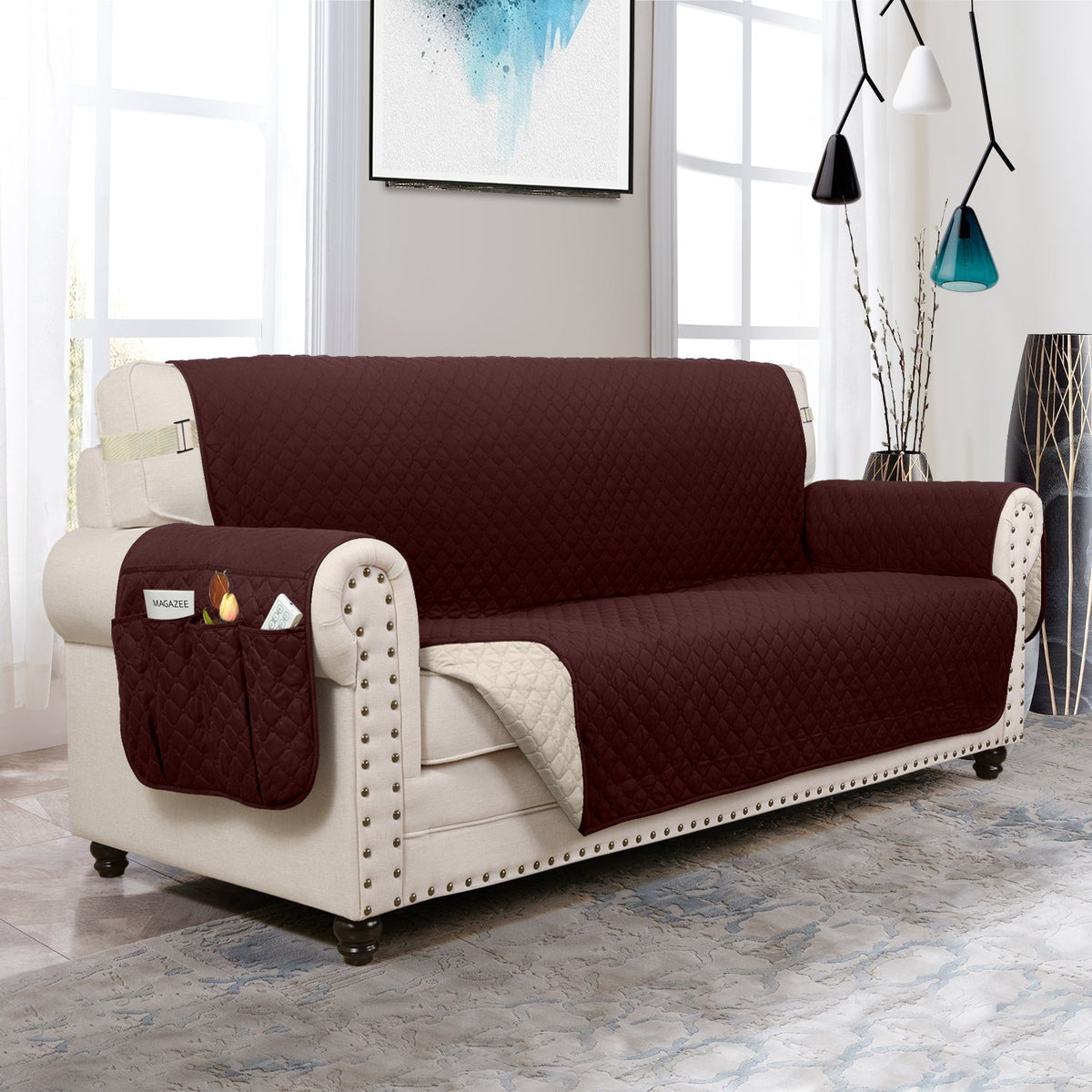Reversible Couch Cover Furniture Protector with Side Pockets